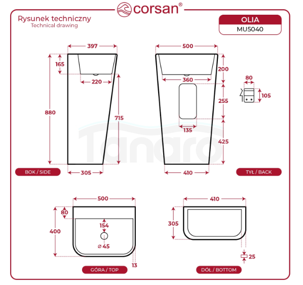CORSAN Stojąca umywalka akrylowa OLIA z syfonem i korkiem białym MU5040WHS 