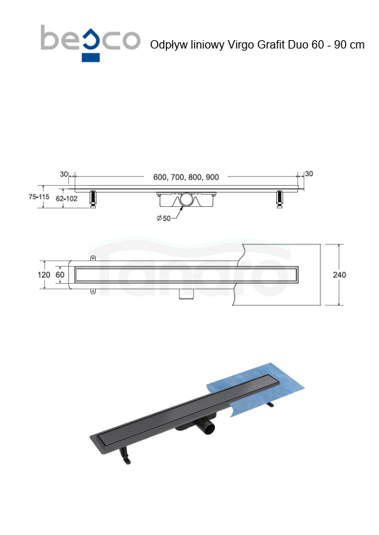 BESCO Odpływ liniowy Virgo Grafit Duo 70cm OL-70-VGR