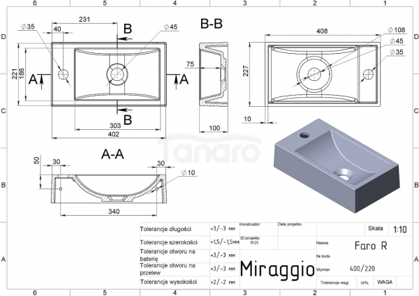 MIRRAGIO Umywalka FARO R MIRASTONE CZARNA Z BROKATEM 0002246