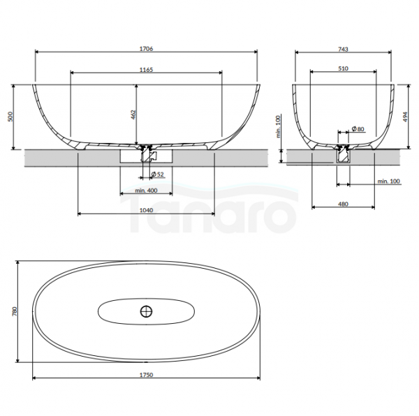 OMNIRES Wanna wolnostojąca SHELL M+ 175 x 78 cm ash grey SHELL175WWAG