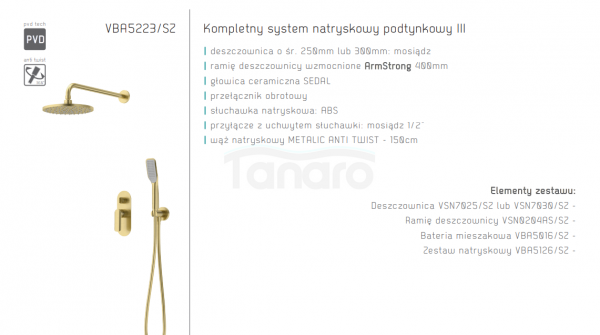 VEDO System natryskowy podtynkowy deszczownica 250 mm III ALETTA SPAZZO złoto szczotkowane/ Nr KAT: VBA5223/25/SZ