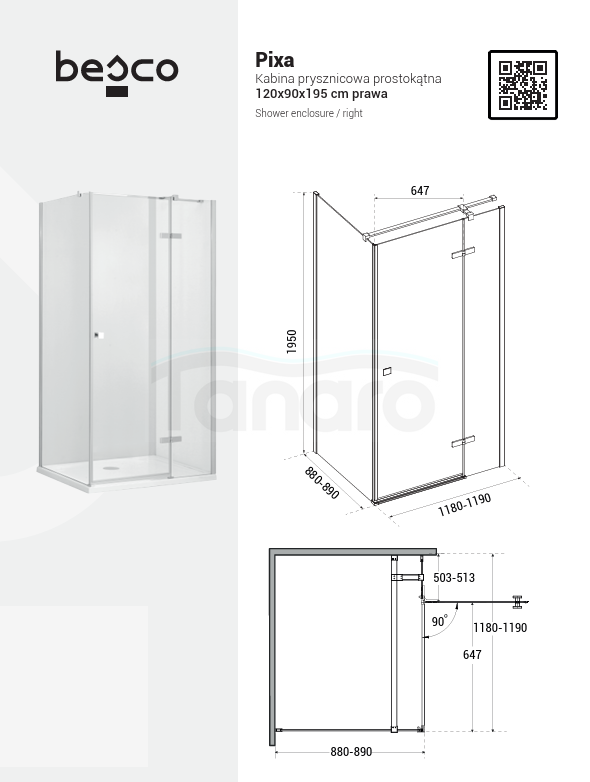BESCO Kabina prysznicowa Pixa Gun Metal 120x90x195 Prawa PPP129-195GR