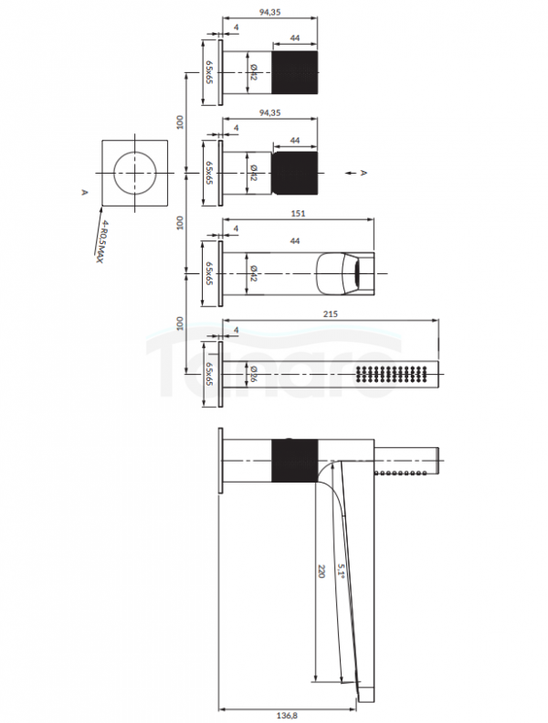 OMNIRES Bateria wannowa 4-otworowa CONTOUR miedź szczotkowana CT8032CPB