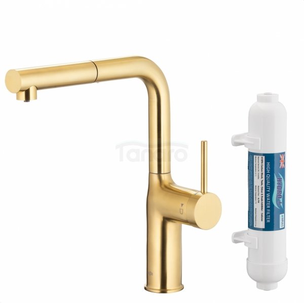 ARMATURA KRAKÓW KFA DUERO PURE MOVE BRUSHED LIGHT GOLD bateria kuchenna z filtracją wody oraz wyciąganą wylewką 6623-422-39