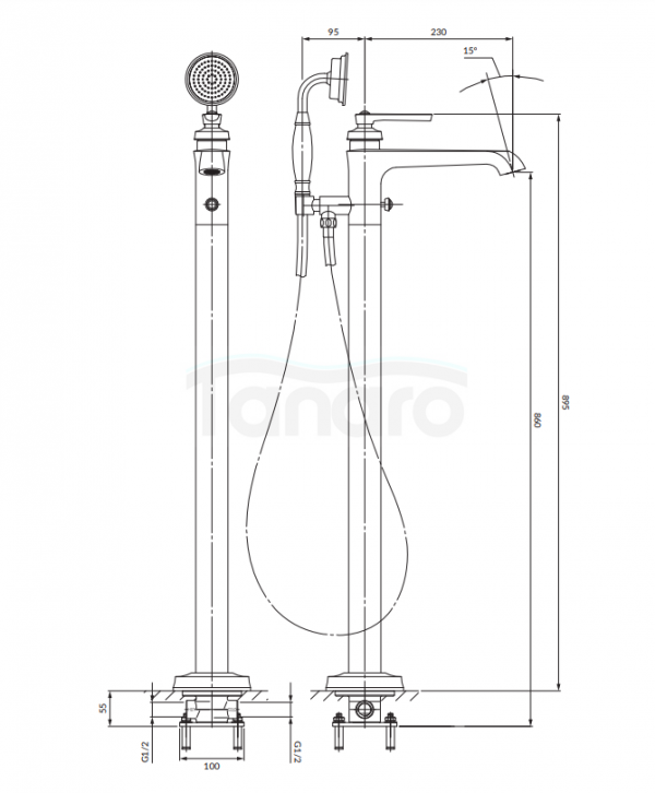 OMNIRES Komplet wanna wolnostojąca 175x82cm ATENA COMFORT + bateria wolnostojąca ARMANCE miedź antyczna AM5233ORB