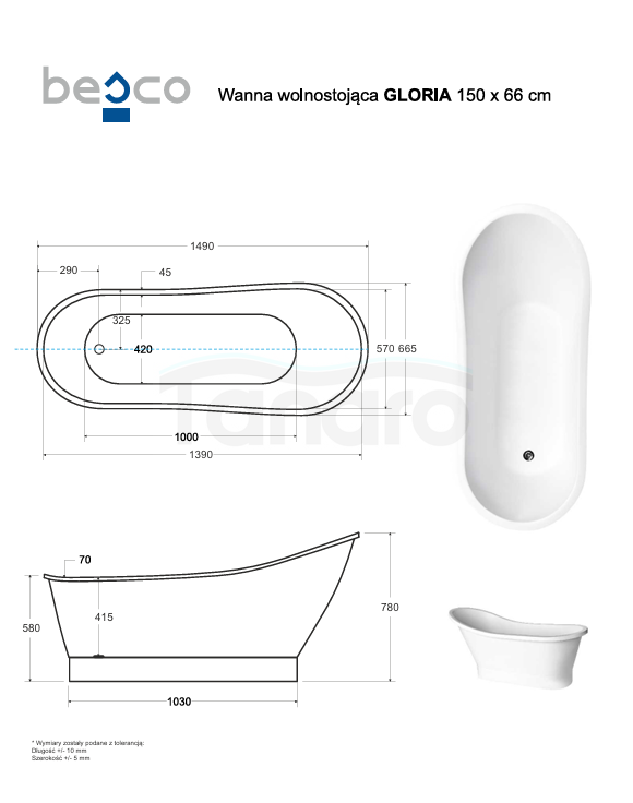 BESCO Wanna wolnostojąca Gloria 150x66 + klik-klak chrom #WMD-150-GL