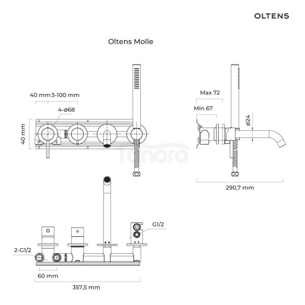 Oltens Molle bateria wannowo-prysznicowa podtynkowa 4-otworowa złoto szczotkowane 34105810