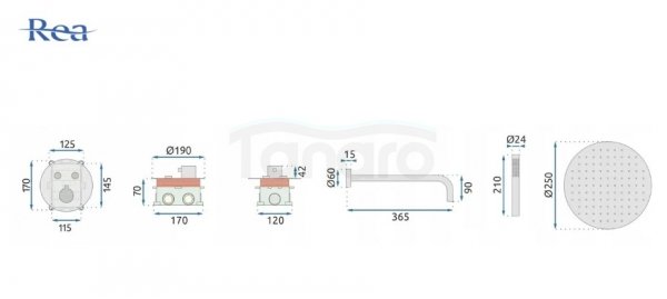 REA - Zestaw natryskowy podtynkowy z termostatem LUNGO Tytan + BOX