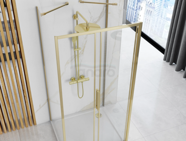 REA - Kabina Prysznicowa Przyścienna RAPID SLIDE BRUSH GOLD/ZŁOTA SZCZOTKOWANA drzwi 140 + ścianka 80 x2 + ramię x2