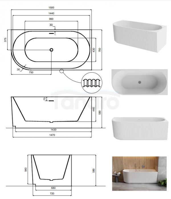 BESCO Wanna przyścienna wolnostojąca Denaya 150x75 Prawa + syfon chrom #WAS-150-DPC