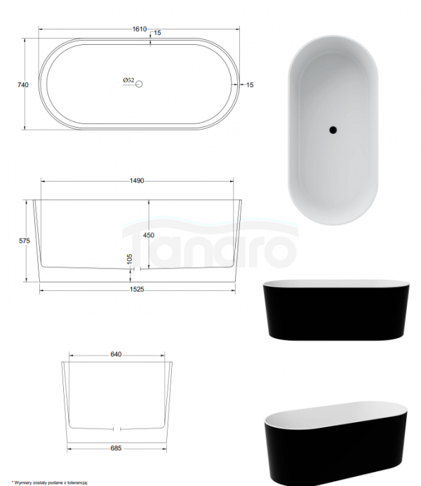 BESCO Wanna wolnostojąca Lova Matt B&amp;W 160 + klik-klak biały czyszczony od góry #WMM-160LBKW