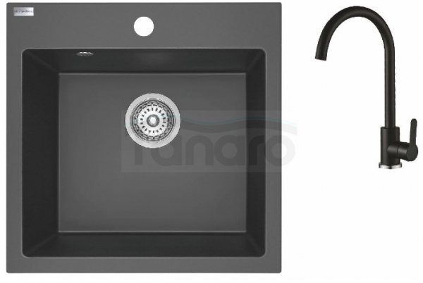 AQUAFORM - zlewozmywak granitowy MARANELLO 490 X 490 X 215 - 1 komora, CZARNY MONO + syfon oszczędzający miejsce + bateria stojąca z wylewką U  AQ.901-1009503