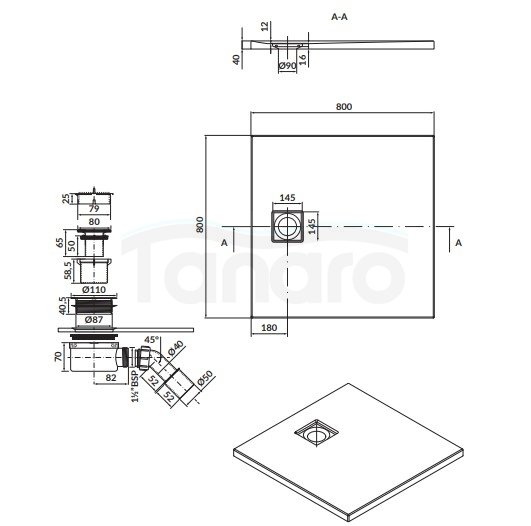 CERSANIT - brodzik kwadratowy TAKO Slim 80 x 4 biały mat + syfon  S932-157