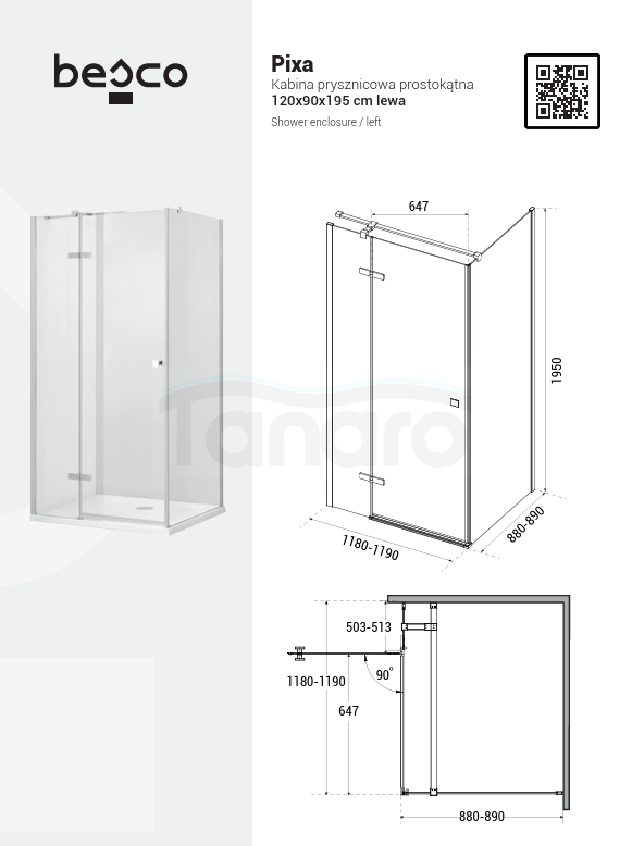 BESCO Kabina prysznicowa Pixa Gun Metal 120x90x195 Lewa PPL129-195GR