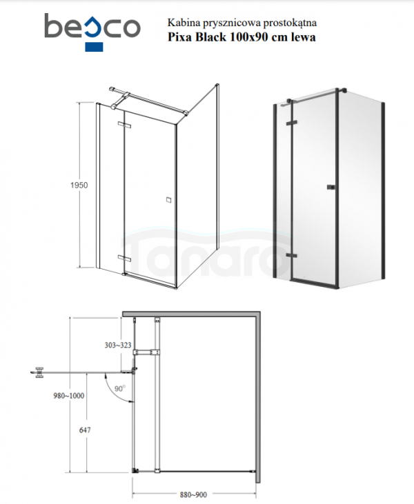BESCO Kabina prysznicowa Pixa Black 100x90 Lewa PPL-109-195B