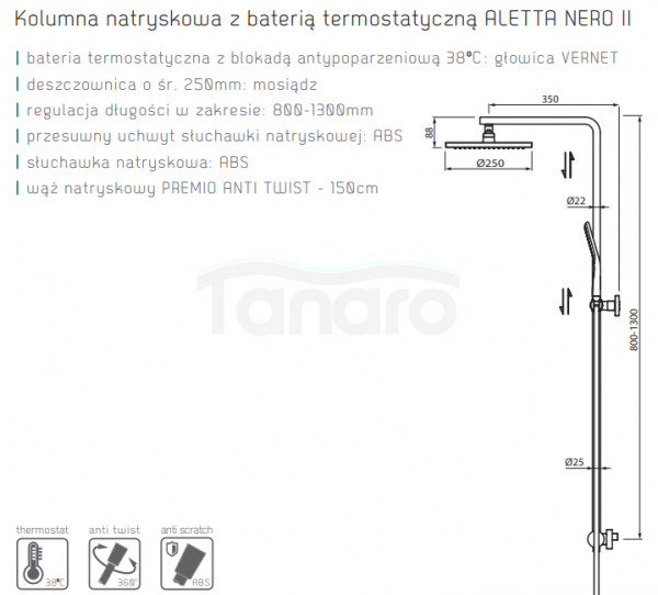 VEDO Zestaw Kolumna natryskowa z baterią termostatyczną I ALETTA NERO VBA5077/CZ