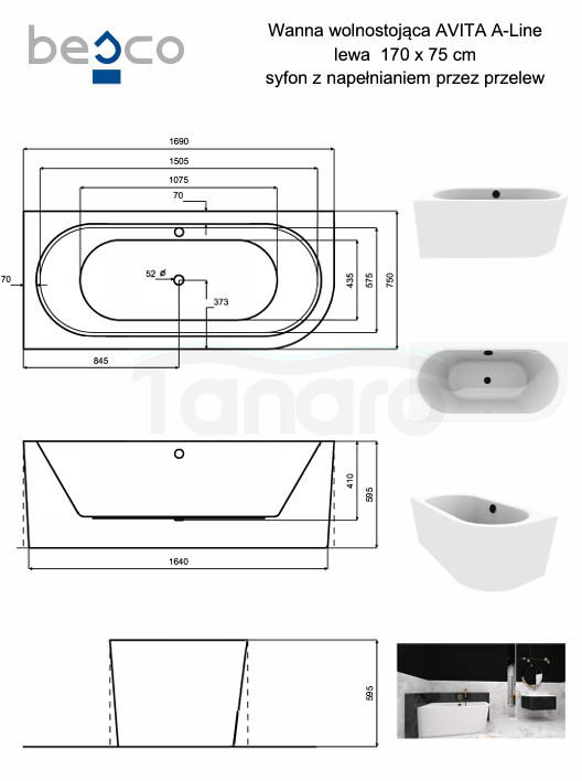 BESCO Wanna wolnostojąca Avita A-line 170 L + syfon z napełnieniem czarny #WAA-170ALCN