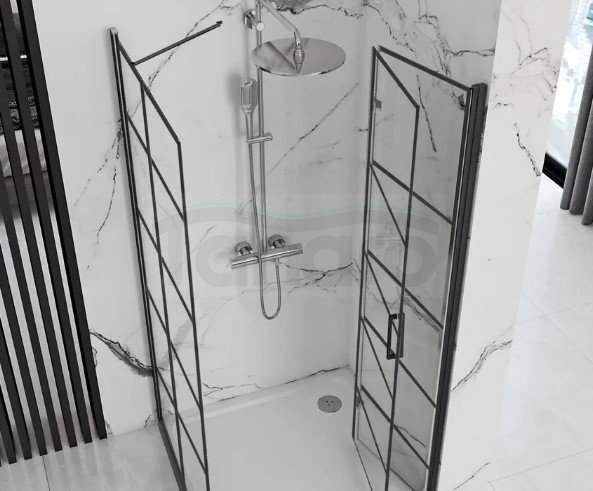 REA - Kabina prysznicowa przyścienna narożna MOLIER Black / Czarna - drzwi 100 ścianka 80