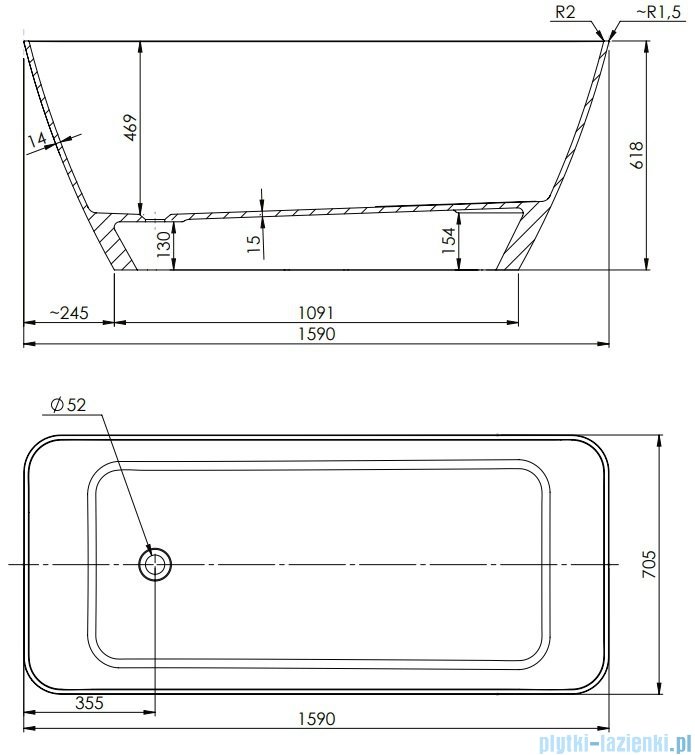 Omnires Parma Ww Bcp Wanna Wolnostojąca 159x70cm Biało Czarny Połysk Parmaww159bcp
