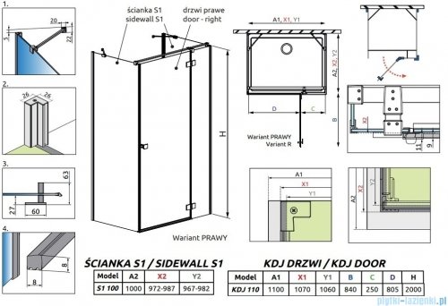 Radaway Essenza Kdj+S kabina 100x110x100cm prawa szkło przejrzyste 1384052-01-01/1385023-01-01R/1384052-01-01