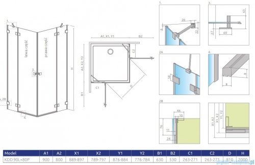 Radaway Essenza Pro Brushed Gold Kdd kabina 90x80cm szczotkowane złoto 10096090-99-01L/10096080-99-01R
