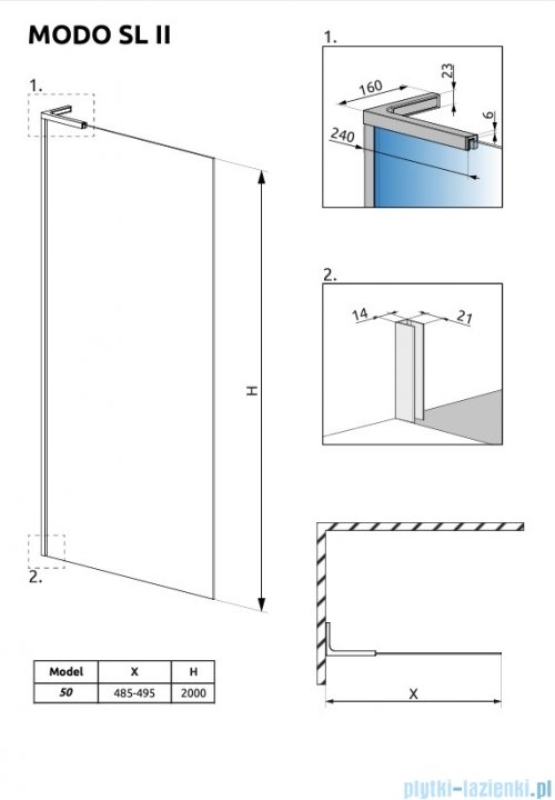 Radaway Modo SL II Brushed GunMetal kabina Walk-in 50x200 lewa szczotkowany grafit 10319054-92-01L