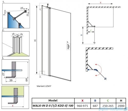 Radaway Nes KDD II Brushed GunMetal kabina walk-in 100cm lewa szczotkowany grafit szkło przejrzyste 10031100-92-01L