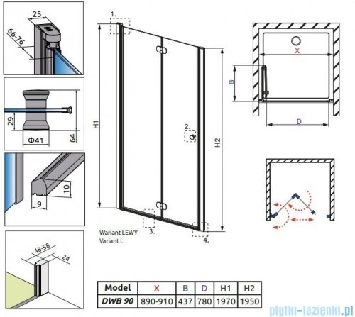 Radaway Eos DWB Drzwi wnękowe 90 lewe szkło przejrzyste + brodzik Delos C + syfon 37803-01-01NL