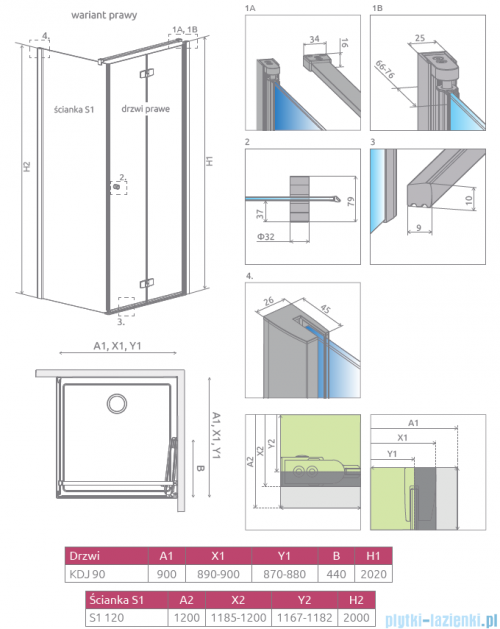 Radaway Fuenta New KDJ-B kabina prysznicowa 90x120 prawa przejrzyste + brodzik Doros D + syfon 384082-01-01R/384054-01-01/SDRD1290-01