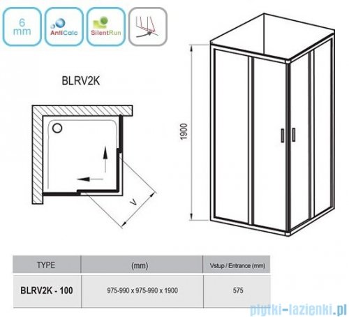 Ravak Blix BLRV2K drzwi prysznicowe 1/2 100cm aluminium transparent Anticalc 1XVA0C00Z1