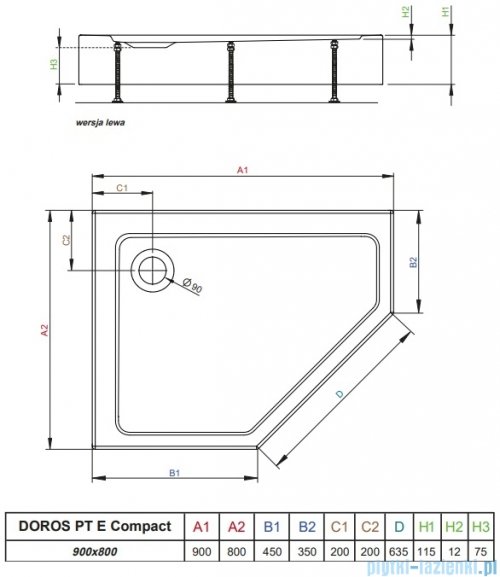 Radaway Doros Pt E Compact Stone brodzik pięciokątny 90x80x11,5cm lewy antracyt SDRPTP9080-05-64SL