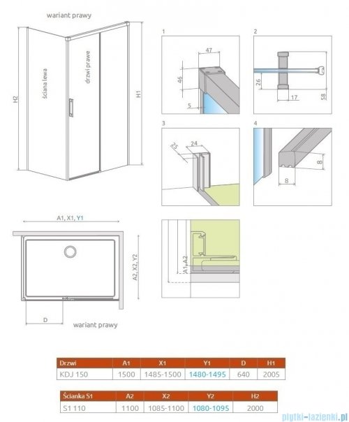 Radaway Idea Gold Kdj kabina 150x110cm prawa złoty połysk/szkło przejrzyste 387045-09-01R/387053-09-01L