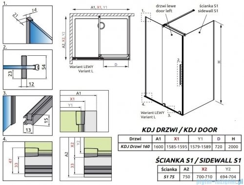 Radaway Furo Kdj Brushed Nickel kabina 160x75cm lewa szczotkowany nikiel 10104822-91-01L/10110780-01-01/10113075-01-01