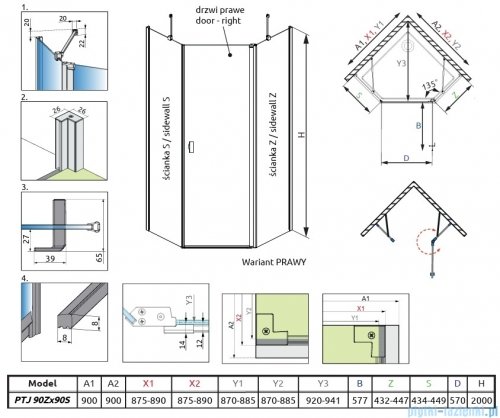 Radaway Nes Gold Ptj kabina pięciokątna 90x90cm prawa złoty połysk 10052000-09-01R/10052900-09-01