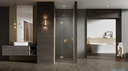 New Trendy Nesta Gold Brushed 80x200 cm drzwi wnękowe lewe wspornik skośny złoto szczotkowane/szkło przejrzyste D-0866A