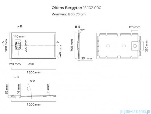 Oltens Bergytan brodzik prostokątny 120x70 cm RockSurface biały 15102000