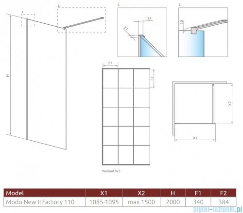 Radaway Modo New Black II 110x200 Factory kabina Walk-in czarny mat/szkło przejrzyste 389114-54-55