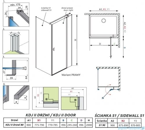 Radaway Nes Kdj II Brushed GunMetal kabina 80x90cm prawa szczotkowany grafit 10032080-92-01R/10039090-01-01