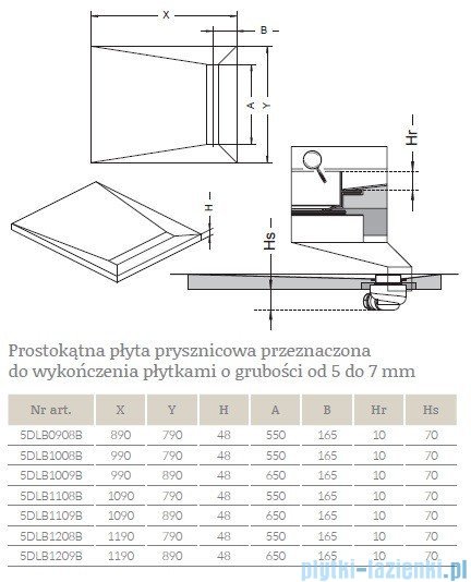 Radaway prostokątny brodzik podpłytkowy z odpływem liniowym Basic na krótszym boku 119x79cm 5DLB1208B,5R055B,5SL1