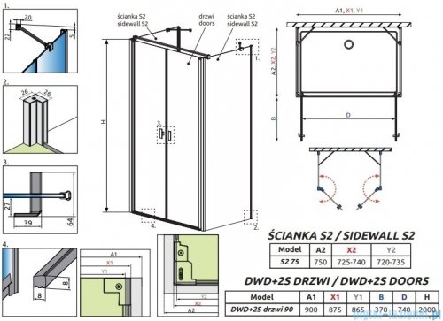 Radaway Nes Black DWD+2S kabina 75x90x75cm czarny mat/szkło przejrzyste 10040075-54-01/10035090-54-01/10040075-54-01