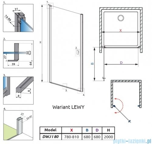 Radaway Nes Brushed Light Gold Dwj I Drzwi wnękowe 80cm lewe szczotkowane jasne złoto szkło przejrzyste 10026080-98-01L