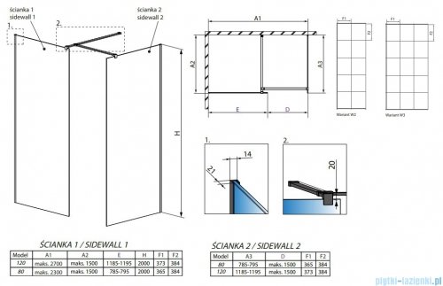 Radaway Modo New Black III kabina Walk-in 120x80x200 Factory rysunek technicny