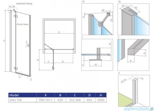 Radaway Essenza New Black Dwj drzwi wnękowe 100cm lewe szkło przejrzyste 385014-54-01L