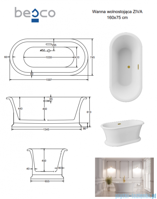 Besco Ziva 160x75 cm wanna wolnostojąca + syfon + maskownica odpływu Chrom #WWA-160-ZSC