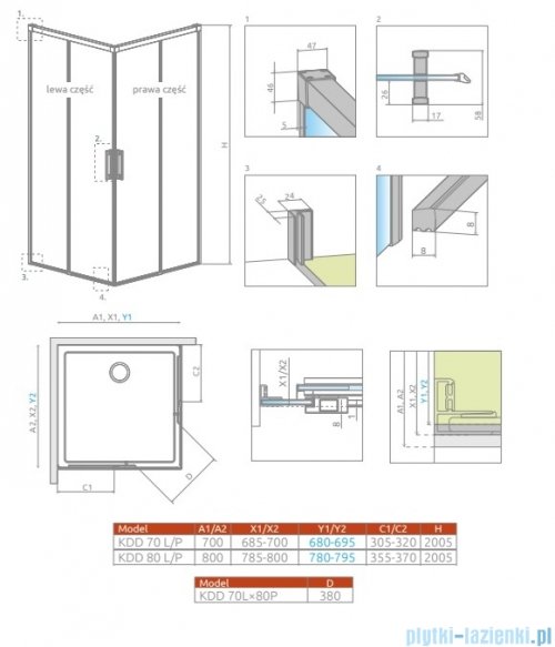Radaway Idea Kdd Brushed GunMetal kabina 70x80cm szczotkowany grafit 387065-92-01L/387061-92-01R