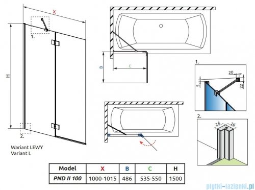Radaway Essenza Pnd II parawan nawannowy 100cm lewy szkło przejrzyste 110002100-01-01L