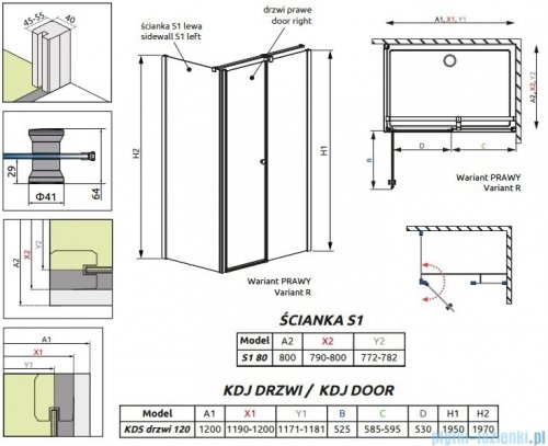 Radaway Eos II KDS kabina prysznicowa 120x80 prawa szkło przejrzyste + brodzik Argos D + syfon 3799484-01R/3799410-01L/4AD812-01