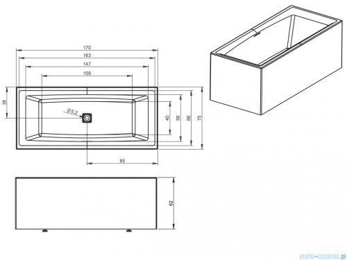 Riho Still Square Plug&amp;Play wanna prostokątna 170x75cm lewa z obudową + nóżki + syfon B100031005