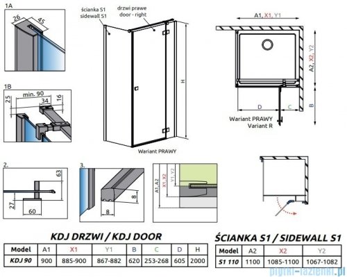 Radaway Essenza New Black Kdj kabina 90x110cm prawa szkło przejrzyste 385044-54-01R/384053-54-01