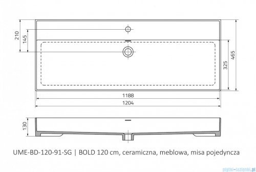 rysunek techniczny Oristo Bold umywalka meblowa ceramiczna 120x46cm UME-BD-120-91-C